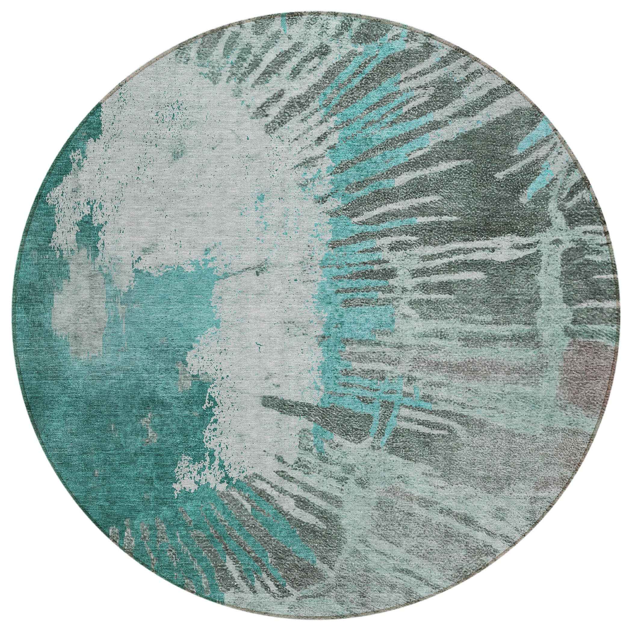 8' Dark Green Aqua And Gray Round Abstract Washable Indoor Outdoor Area Rug