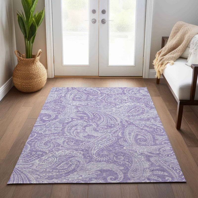 3' X 5' Lavender Purple And Ivory Paisley Washable Indoor Outdoor Area Rug