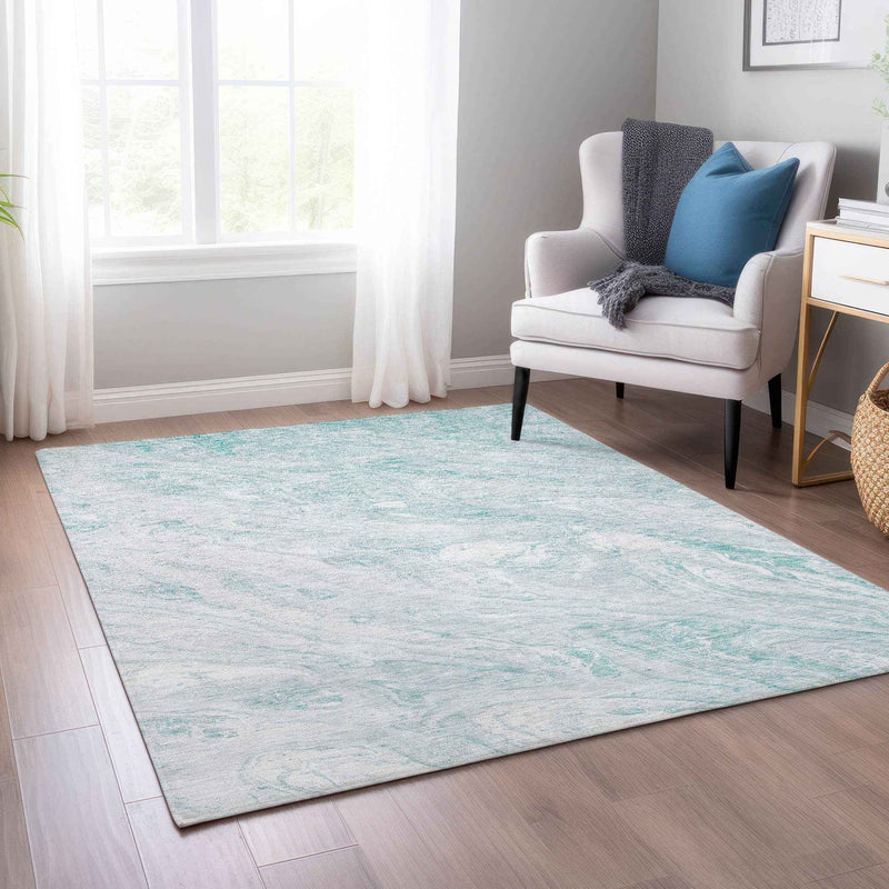 3' X 5' Aquamarine Aqua And Ivory Abstract Washable Indoor Outdoor Area Rug