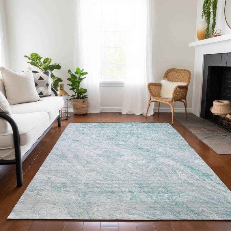 3' X 5' Aquamarine Aqua And Ivory Abstract Washable Indoor Outdoor Area Rug