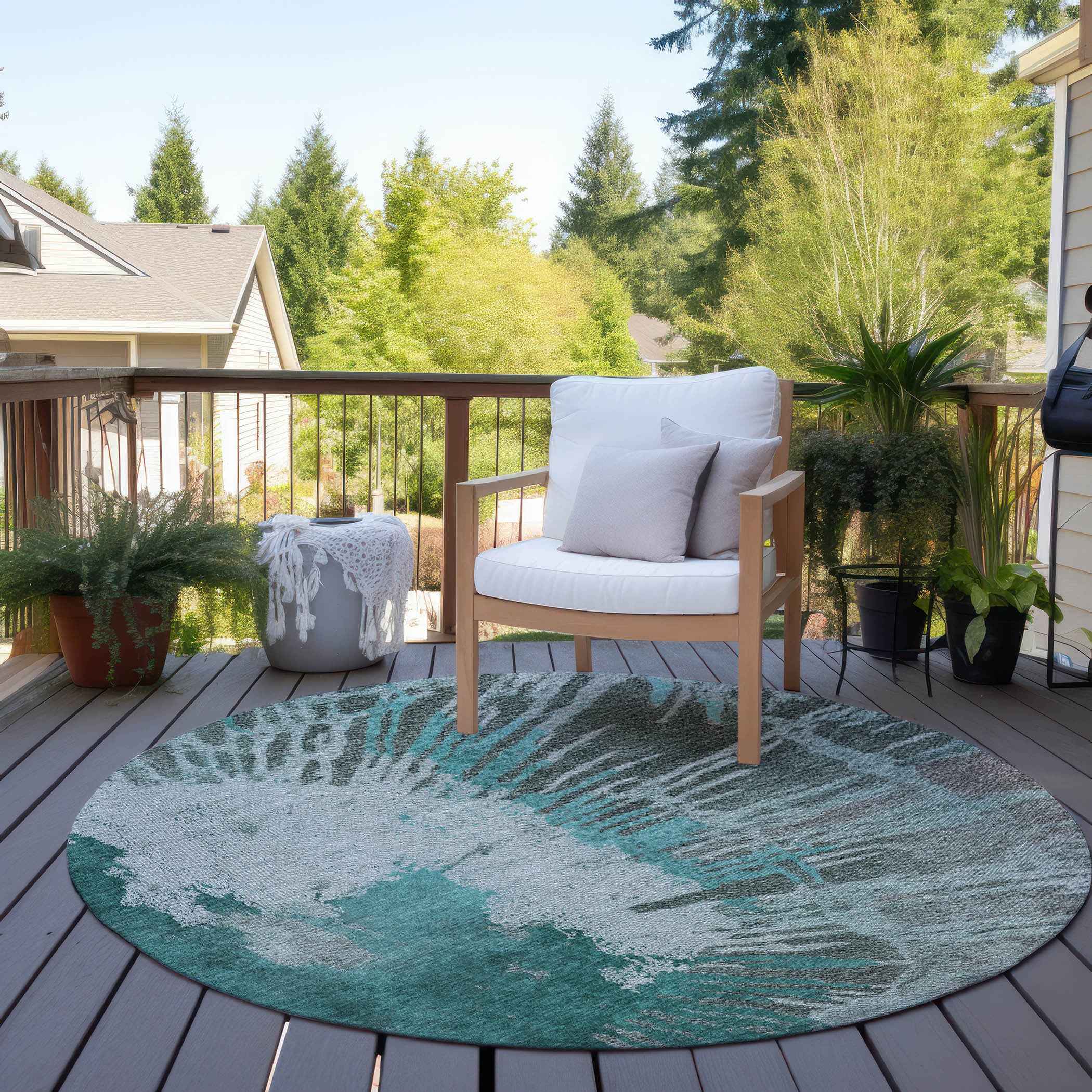 8' Dark Green Aqua And Gray Round Abstract Washable Indoor Outdoor Area Rug