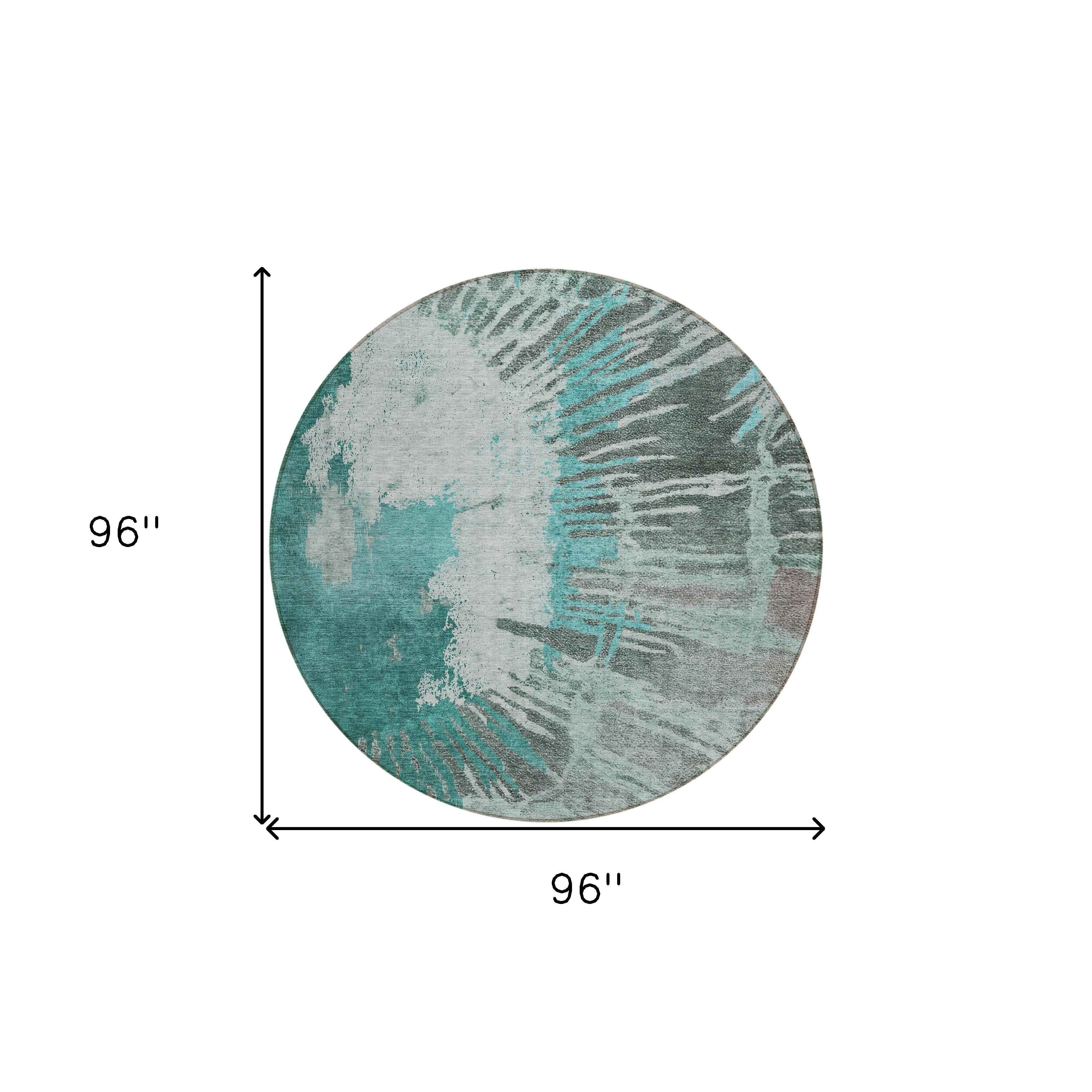 8' Dark Green Aqua And Gray Round Abstract Washable Indoor Outdoor Area Rug