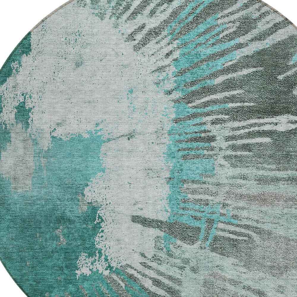 8' Dark Green Aqua And Gray Round Abstract Washable Indoor Outdoor Area Rug