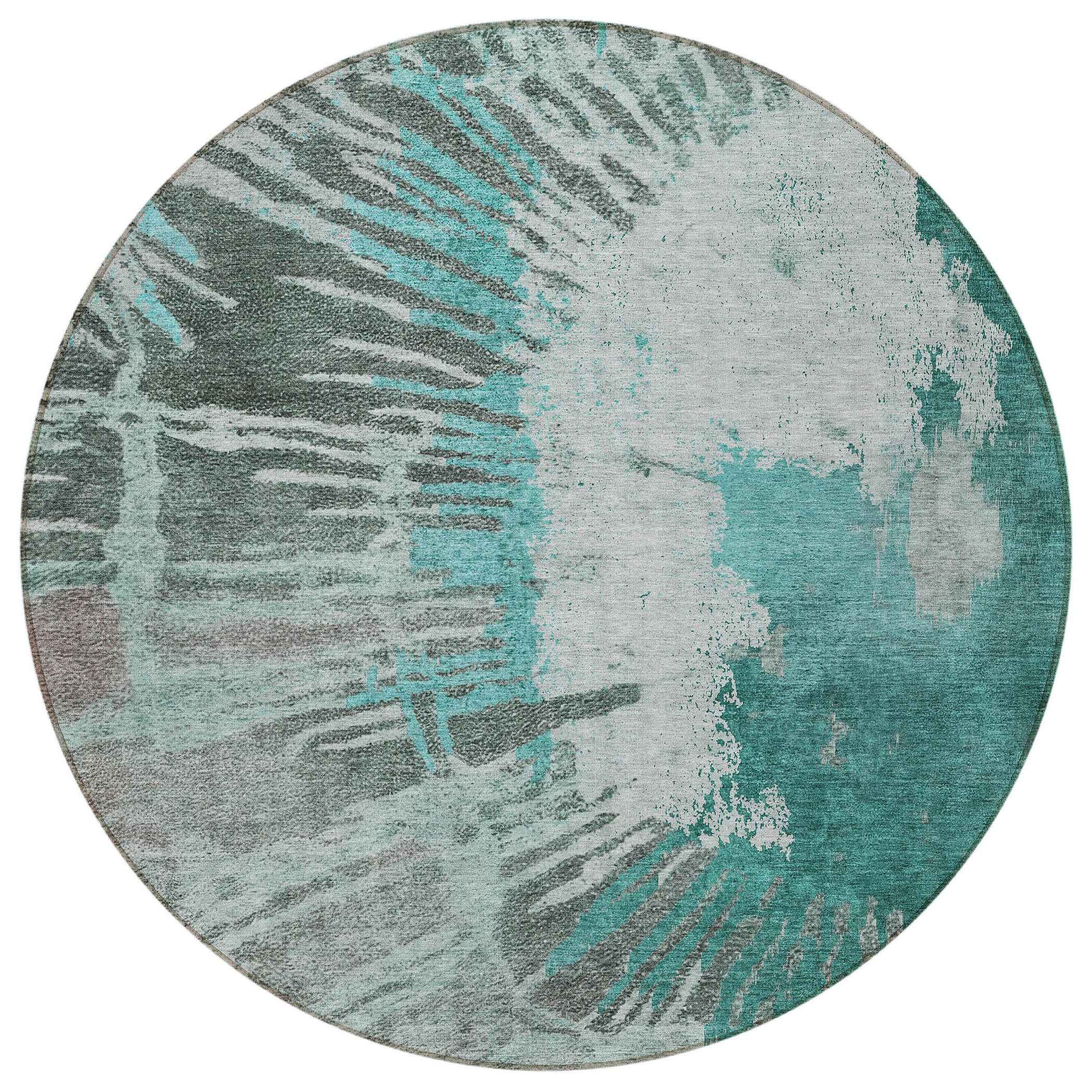 8' Dark Green Aqua And Gray Round Abstract Washable Indoor Outdoor Area Rug