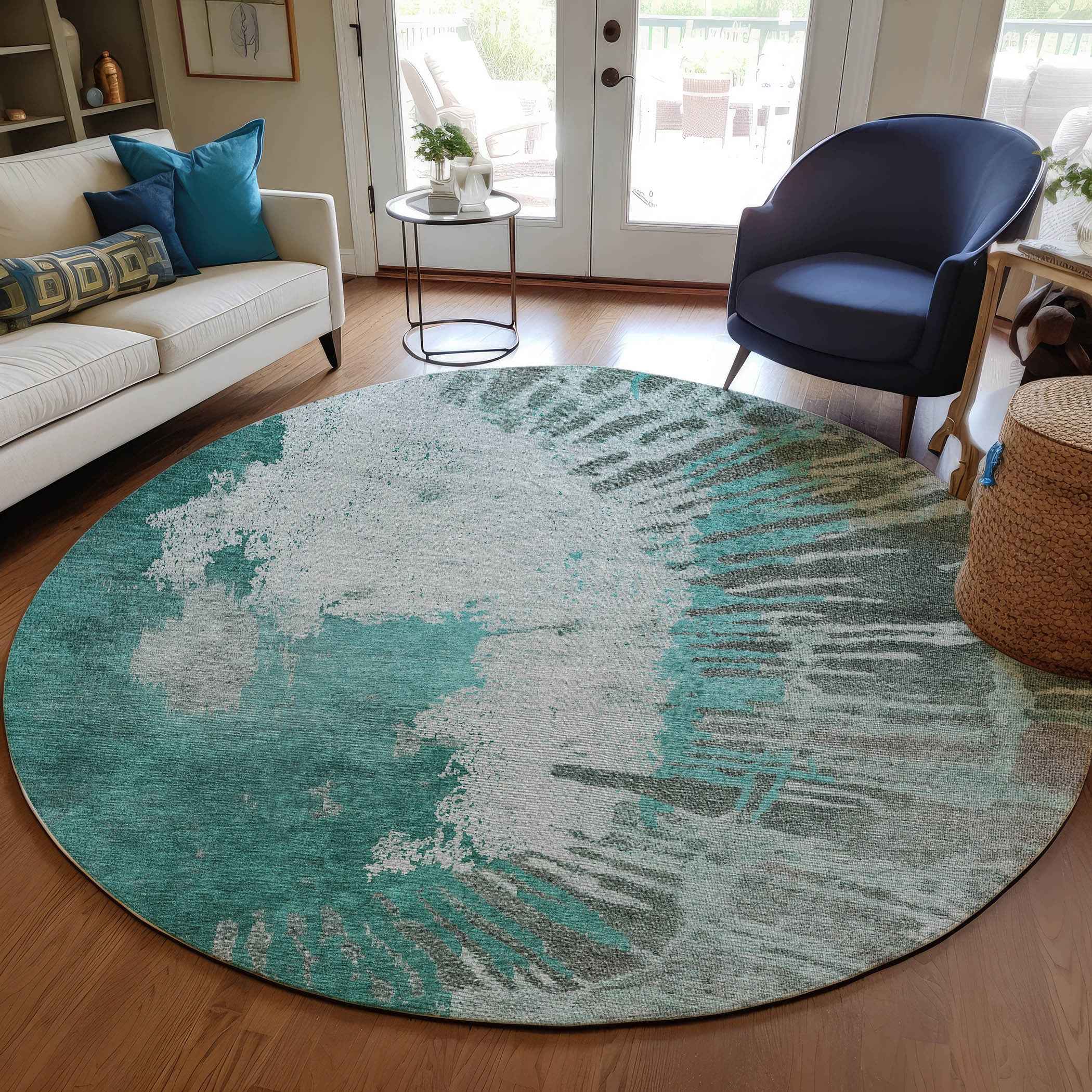 8' Dark Green Aqua And Gray Round Abstract Washable Indoor Outdoor Area Rug