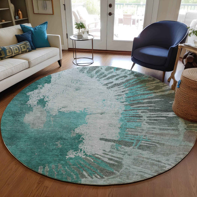 8' Dark Green Aqua And Gray Round Abstract Washable Indoor Outdoor Area Rug