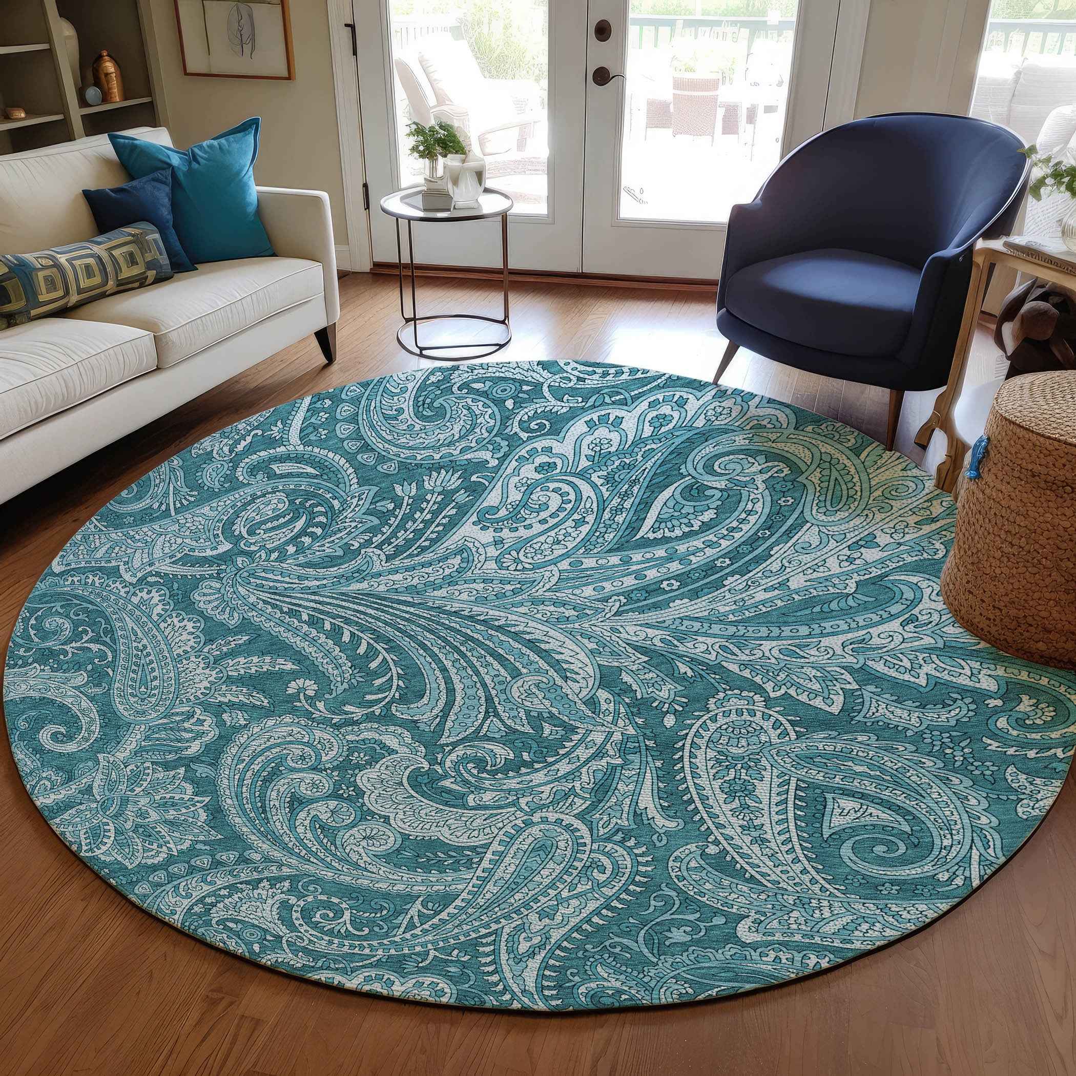 8' Turquoise And Ivory Round Paisley Washable Indoor Outdoor Area Rug