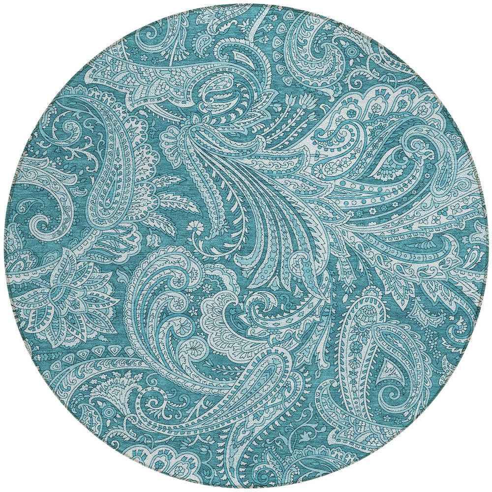 8' Turquoise And Ivory Round Paisley Washable Indoor Outdoor Area Rug