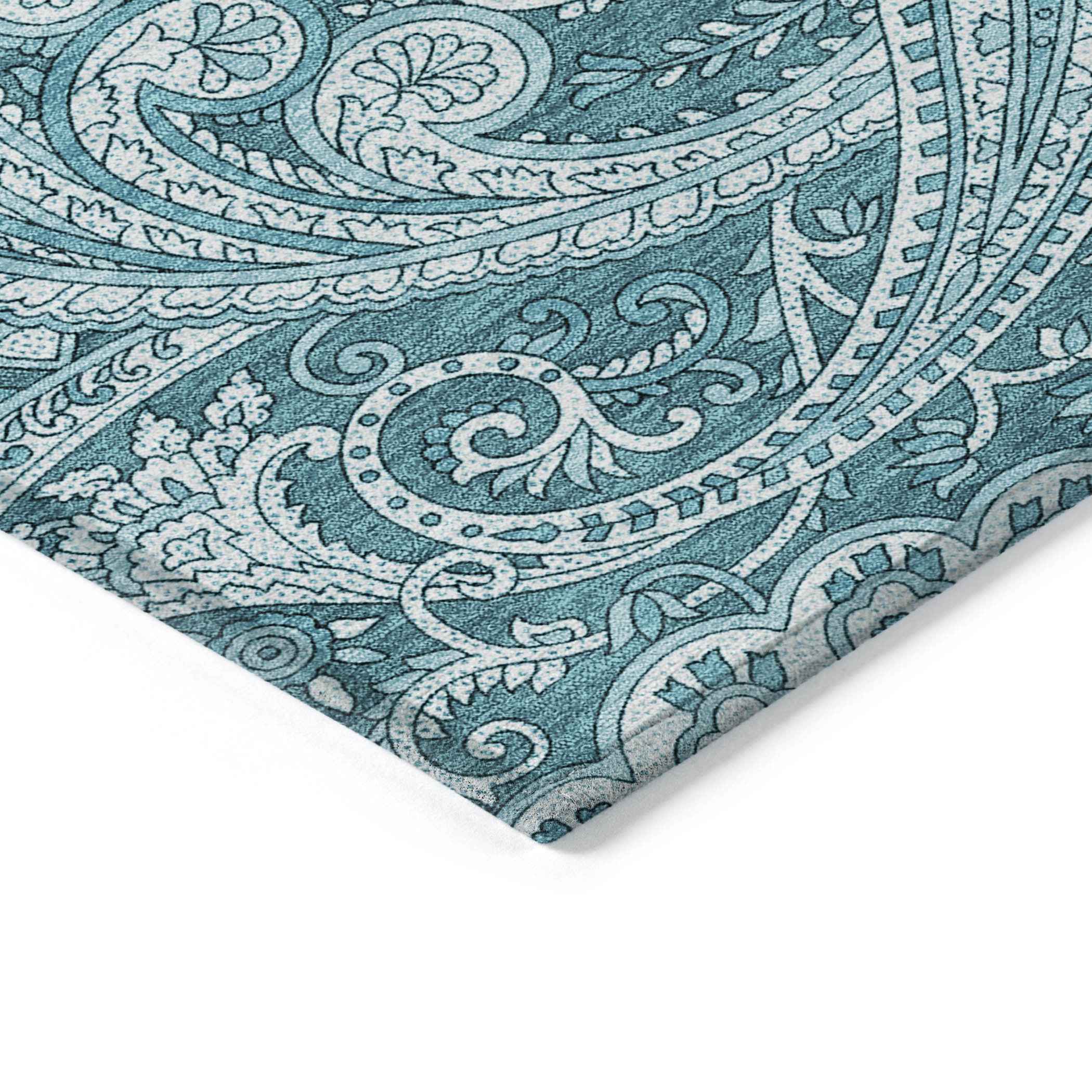 8' Turquoise And Ivory Round Paisley Washable Indoor Outdoor Area Rug