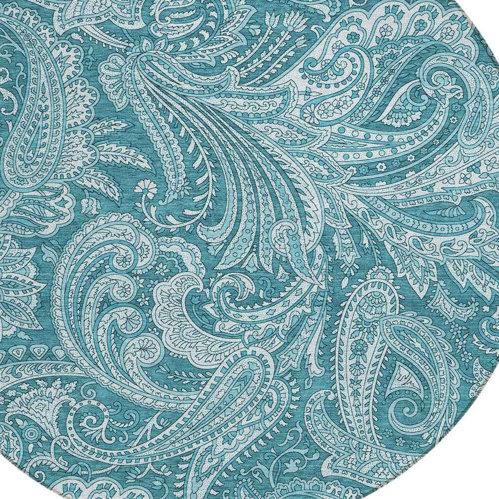 8' Turquoise And Ivory Round Paisley Washable Indoor Outdoor Area Rug
