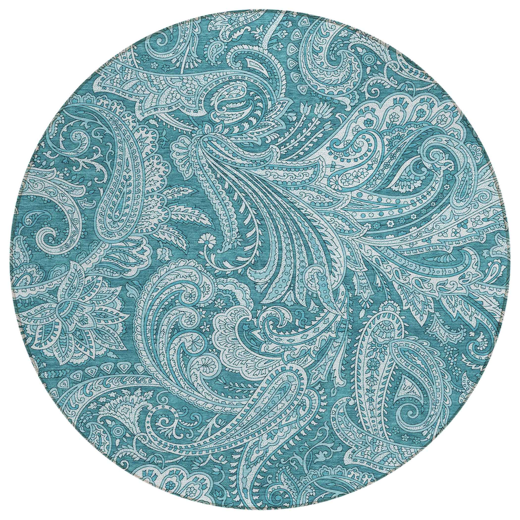 8' Turquoise And Ivory Round Paisley Washable Indoor Outdoor Area Rug