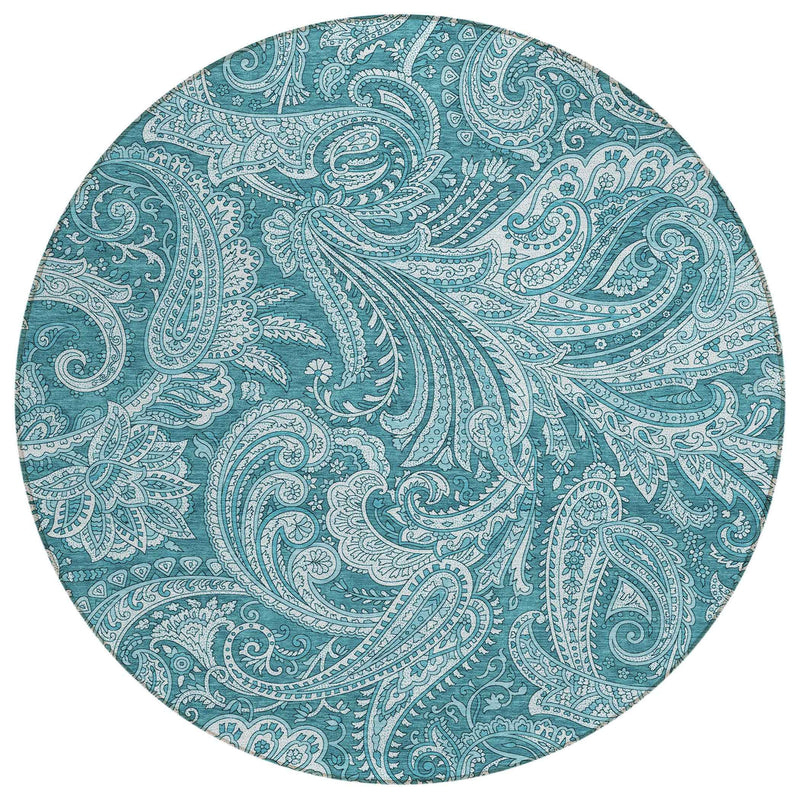 8' Turquoise And Ivory Round Paisley Washable Indoor Outdoor Area Rug