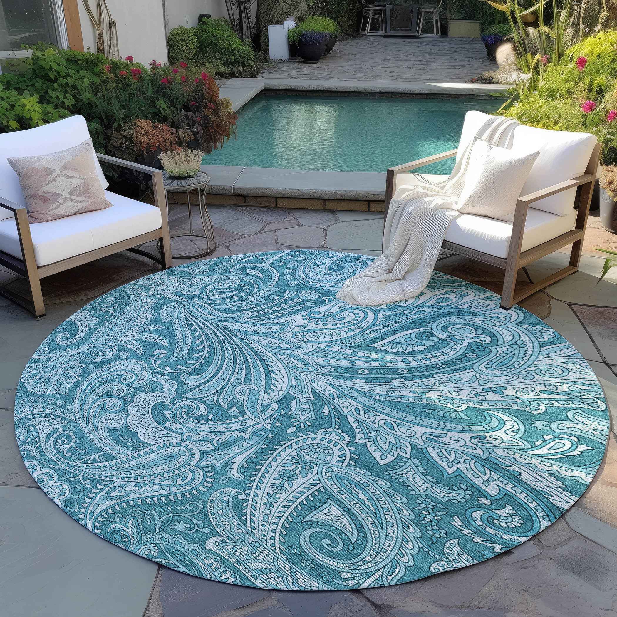 8' Turquoise And Ivory Round Paisley Washable Indoor Outdoor Area Rug