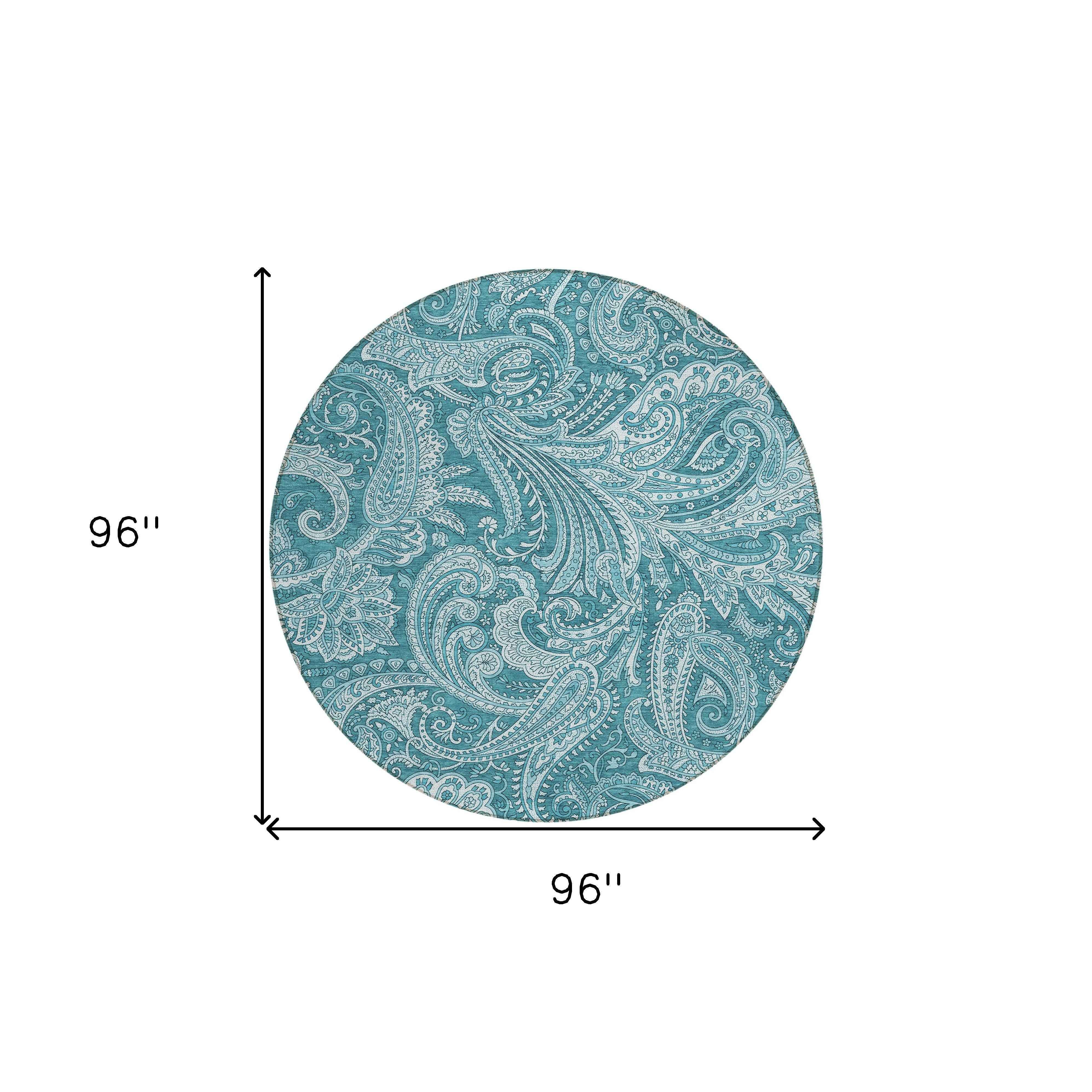 8' Turquoise And Ivory Round Paisley Washable Indoor Outdoor Area Rug