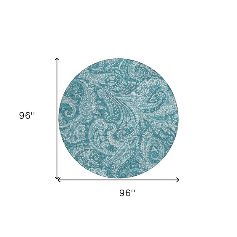 8' Turquoise And Ivory Round Paisley Washable Indoor Outdoor Area Rug