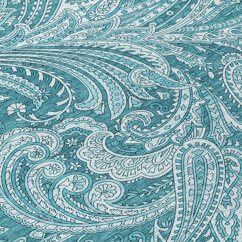 8' Turquoise And Ivory Round Paisley Washable Indoor Outdoor Area Rug