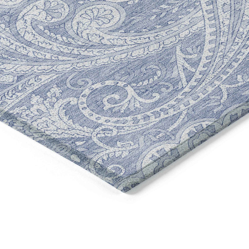 9' X 12' Denim Blue Sky Blue And Ivory Paisley Washable Indoor Outdoor Area Rug