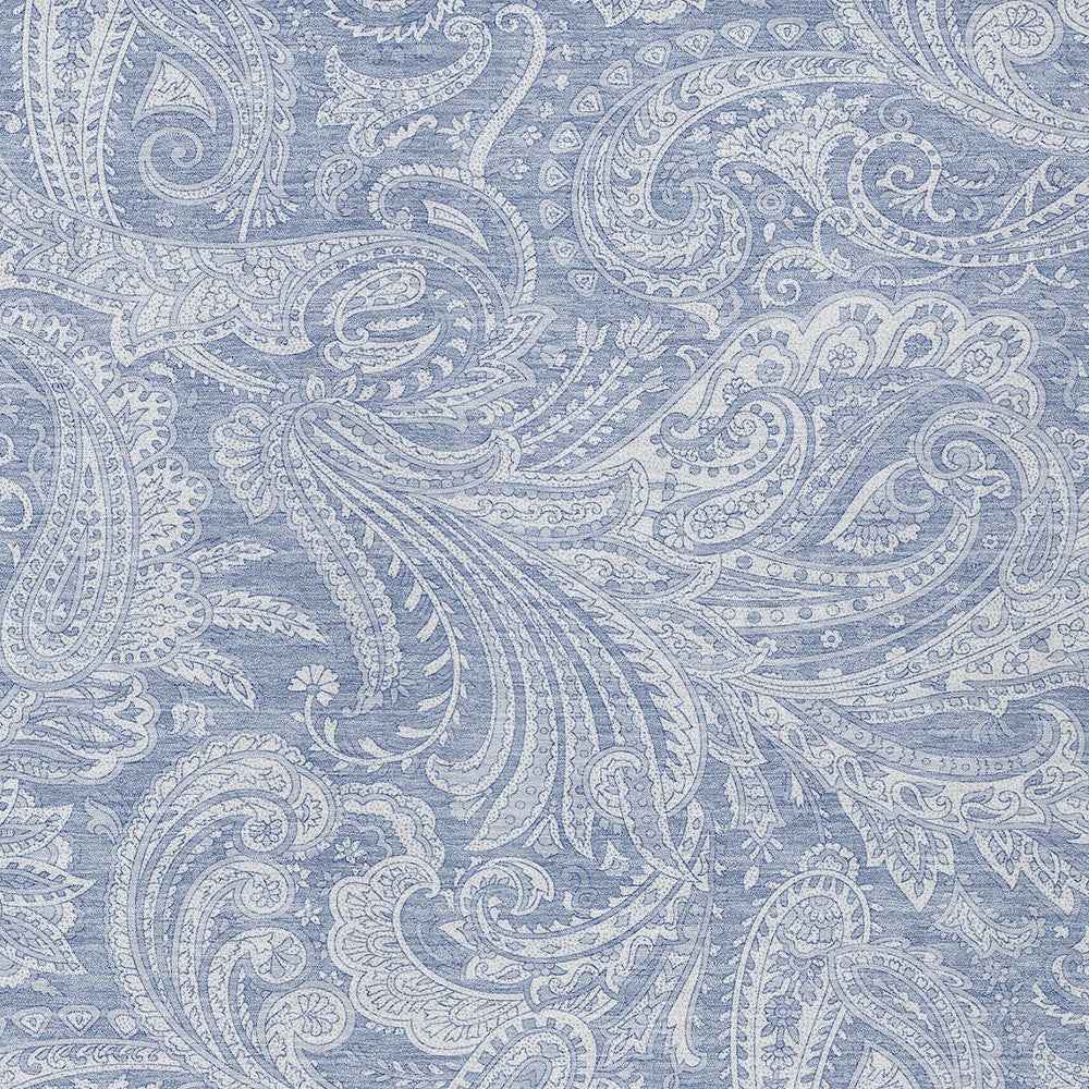 9' X 12' Denim Blue Sky Blue And Ivory Paisley Washable Indoor Outdoor Area Rug