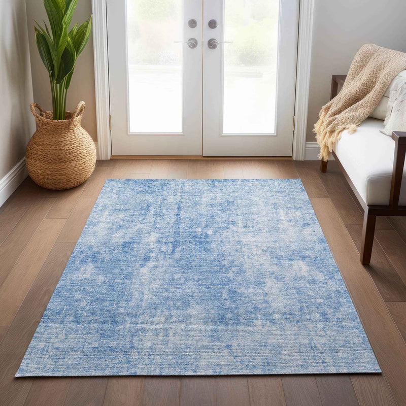 10' X 14' Denim Blue And Ivory Abstract Washable Indoor Outdoor Area Rug