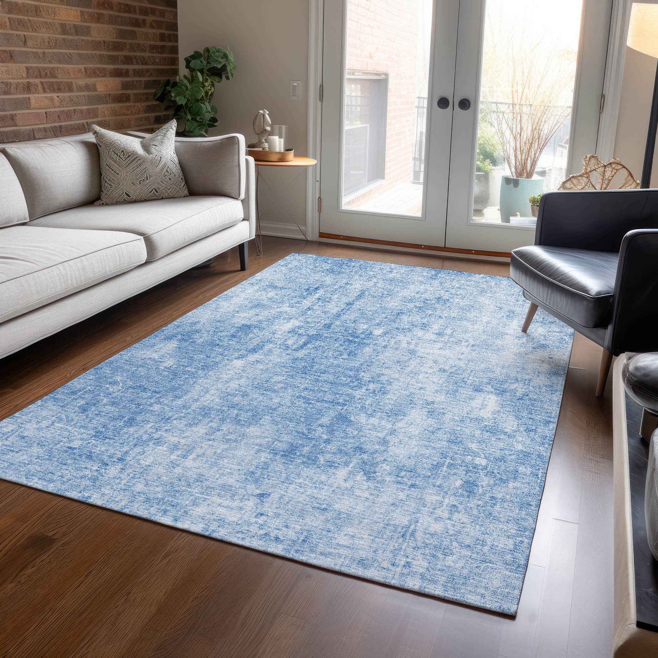 10' X 14' Denim Blue And Ivory Abstract Washable Indoor Outdoor Area Rug