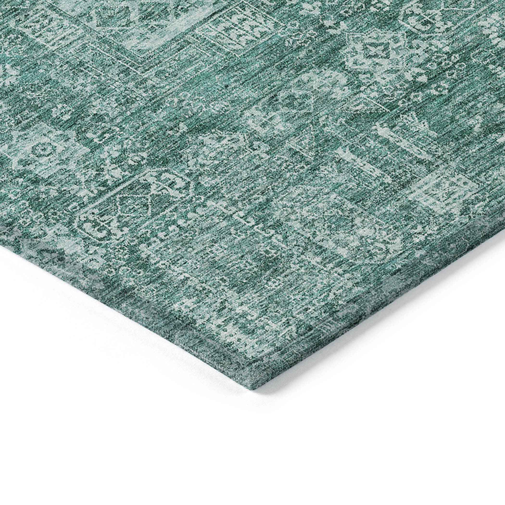 8' X 10' Dark Green And Aqua Oriental Washable Indoor Outdoor Area Rug