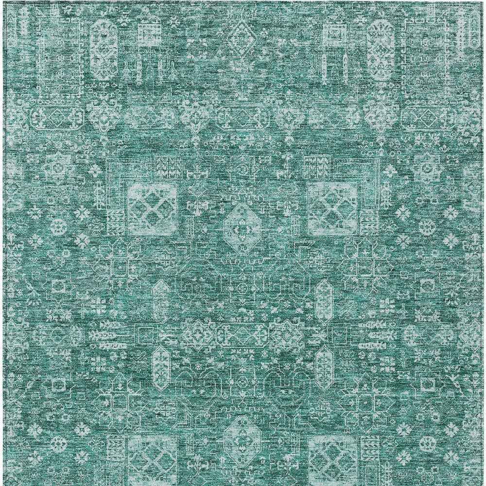 8' X 10' Dark Green And Aqua Oriental Washable Indoor Outdoor Area Rug