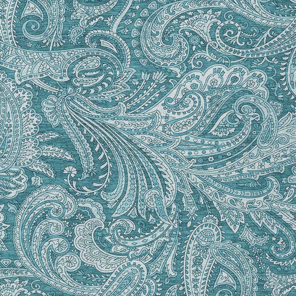 10' X 14' Turquoise And Ivory Paisley Washable Indoor Outdoor Area Rug