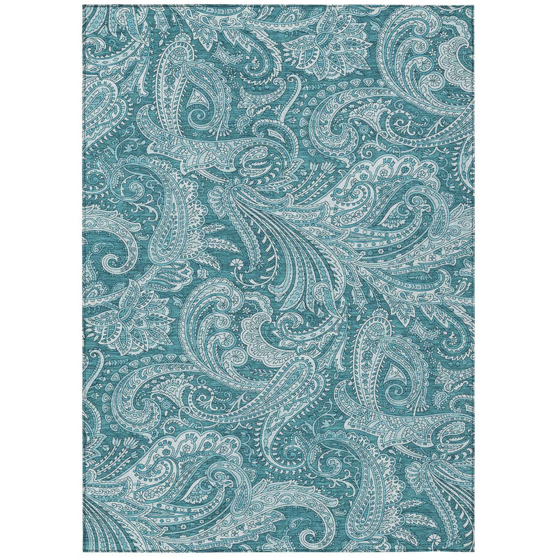10' X 14' Turquoise And Ivory Paisley Washable Indoor Outdoor Area Rug