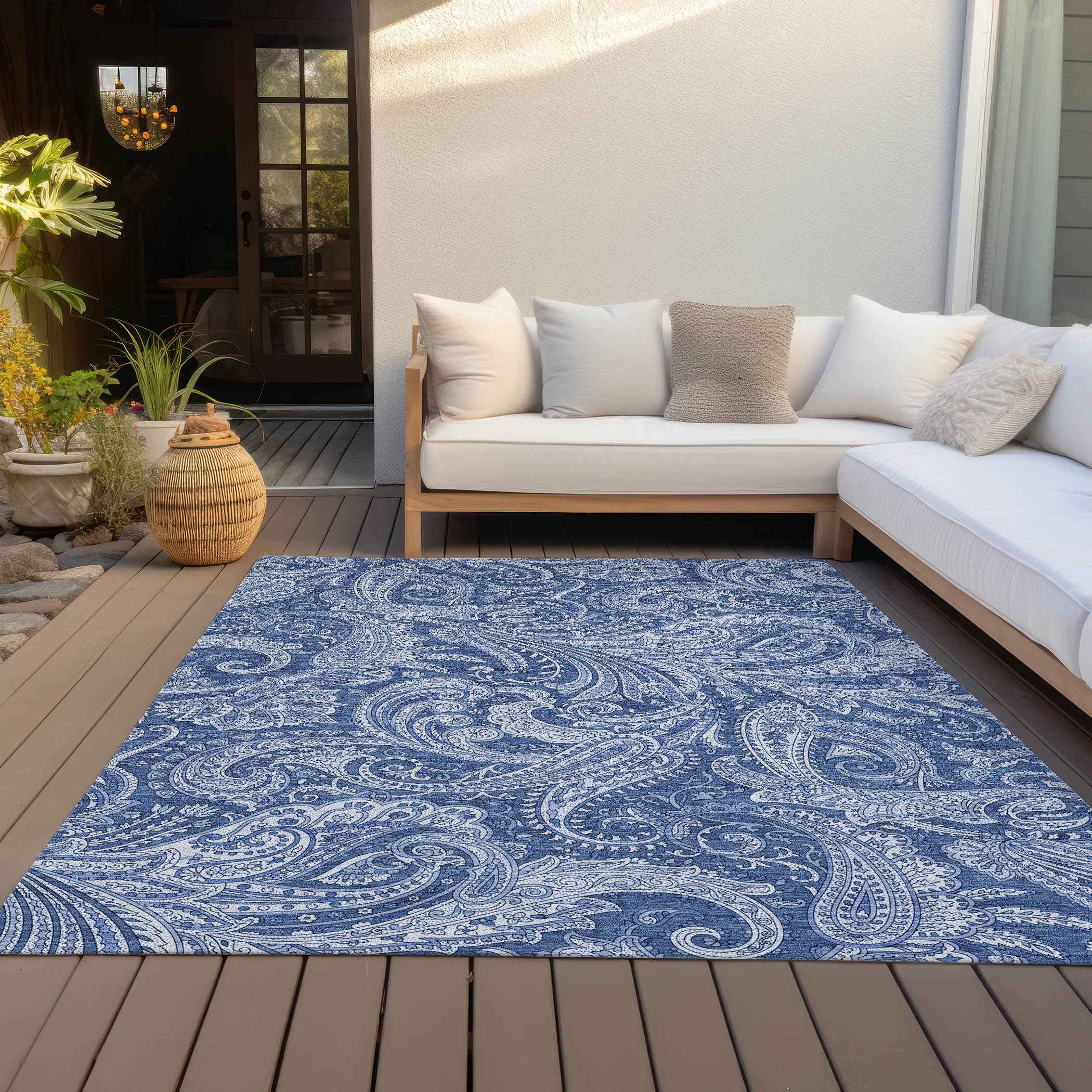 9' X 12' Navy Blue And Denim Blue Paisley Washable Indoor Outdoor Area Rug