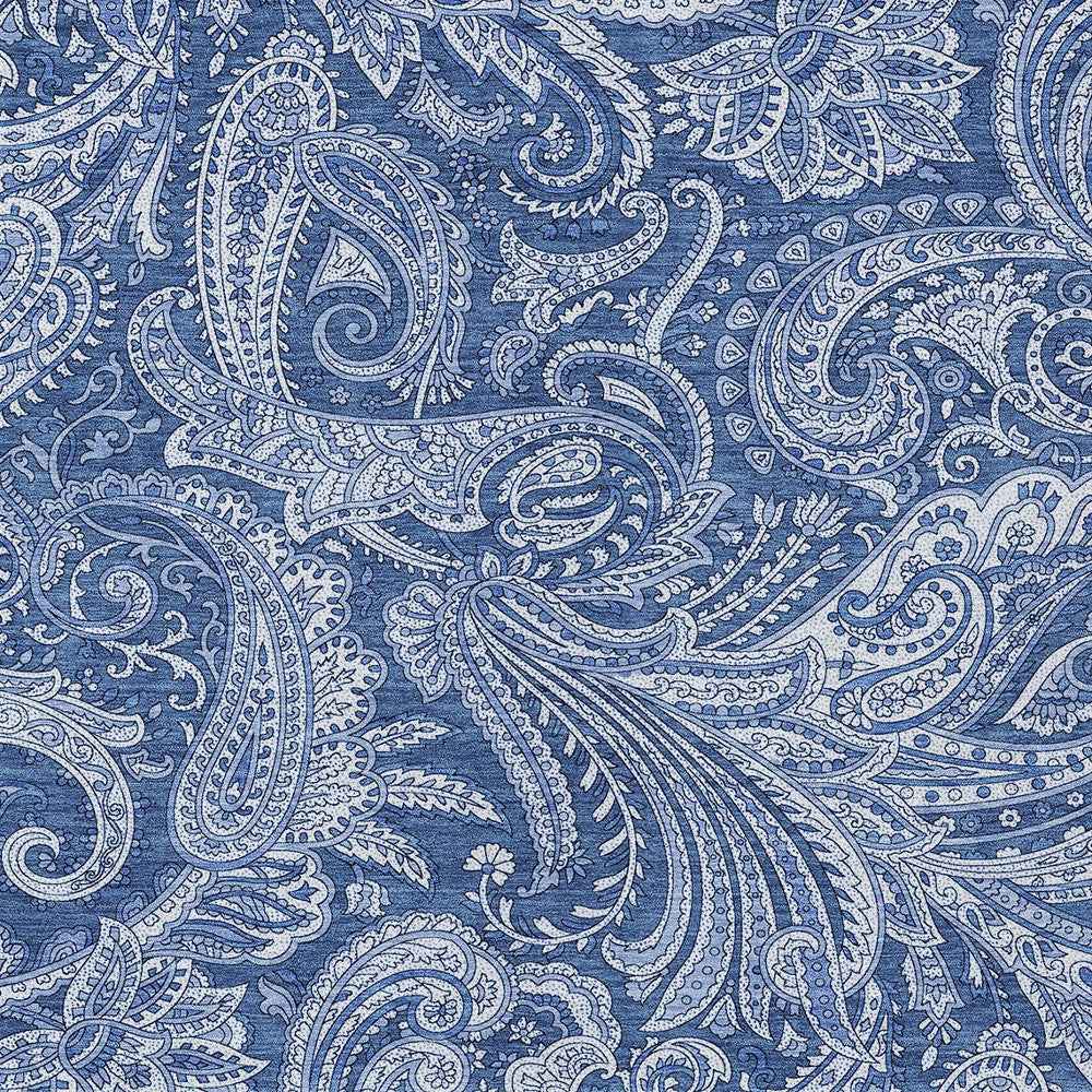 9' X 12' Navy Blue And Denim Blue Paisley Washable Indoor Outdoor Area Rug