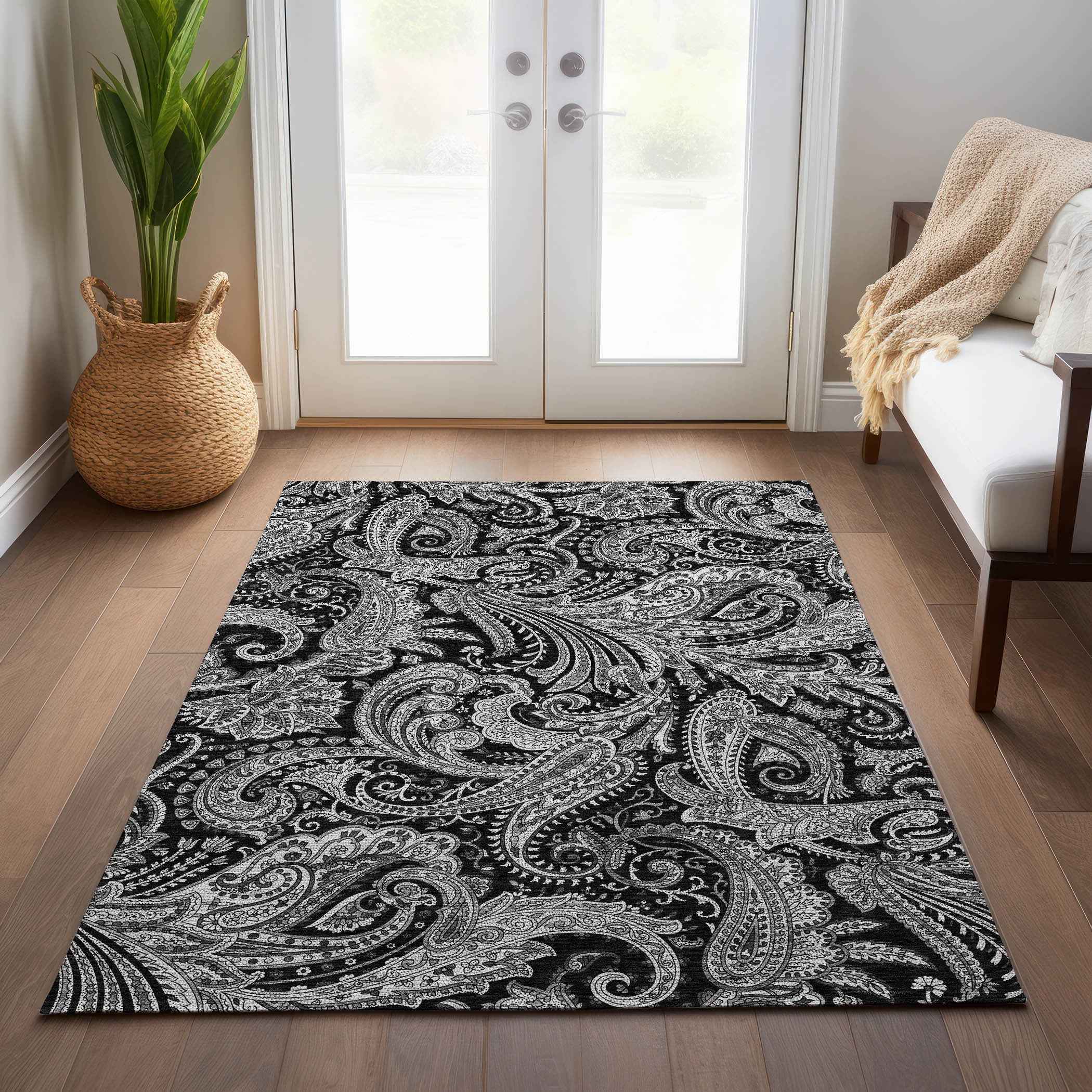 3' X 5' Black Gray And White Paisley Washable Indoor Outdoor Area Rug