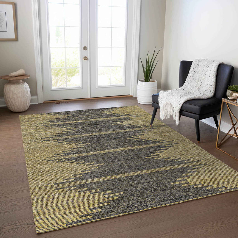 9' X 12' Dark Gray And Gold Abstract Washable Indoor Outdoor Area Rug