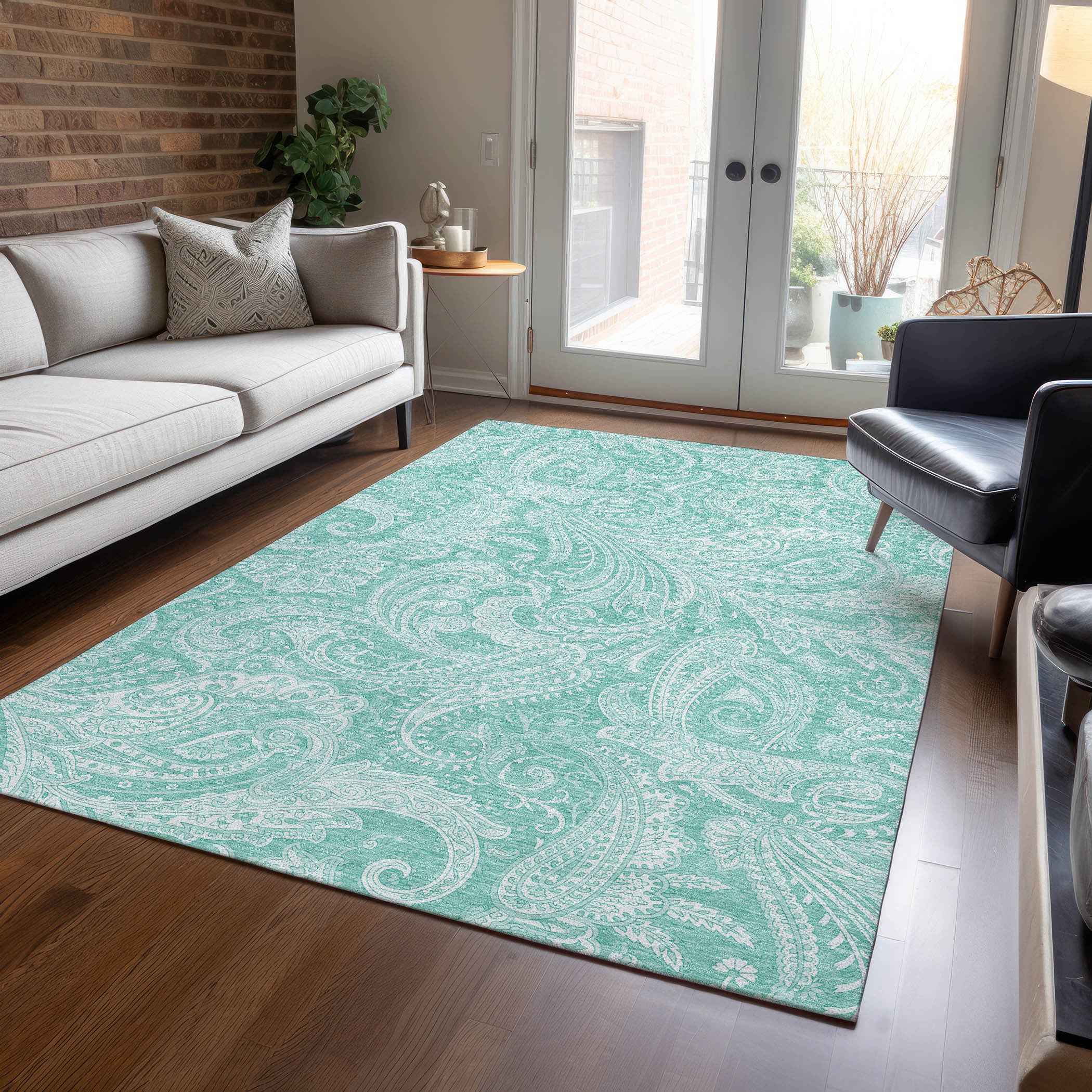 5' X 8' Teal Blue And Ivory Paisley Washable Indoor Outdoor Area Rug