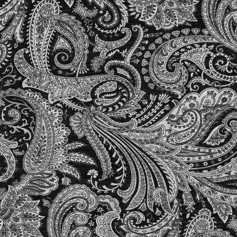 9' X 12' Black Gray And White Paisley Washable Indoor Outdoor Area Rug