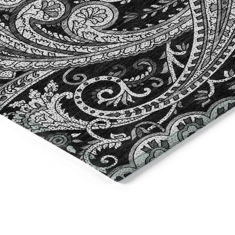9' X 12' Black Gray And White Paisley Washable Indoor Outdoor Area Rug