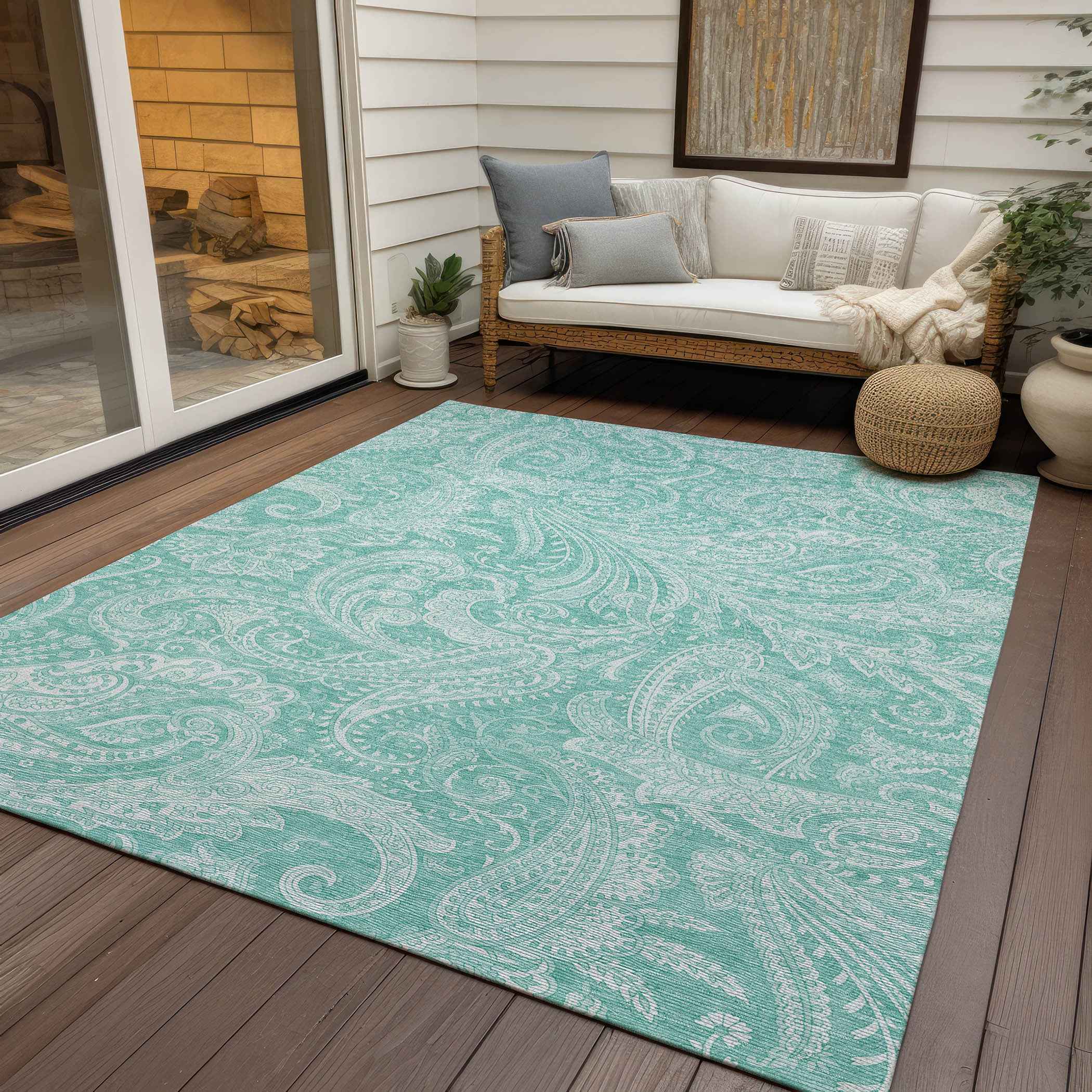 5' X 8' Teal Blue And Ivory Paisley Washable Indoor Outdoor Area Rug