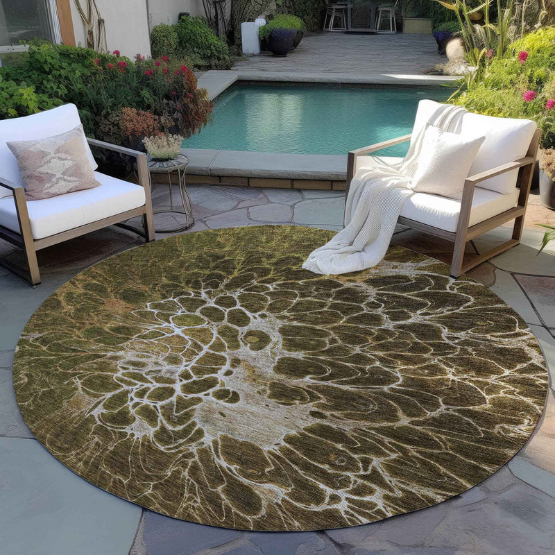8' Chocolate And Gray Round Abstract Washable Indoor Outdoor Area Rug