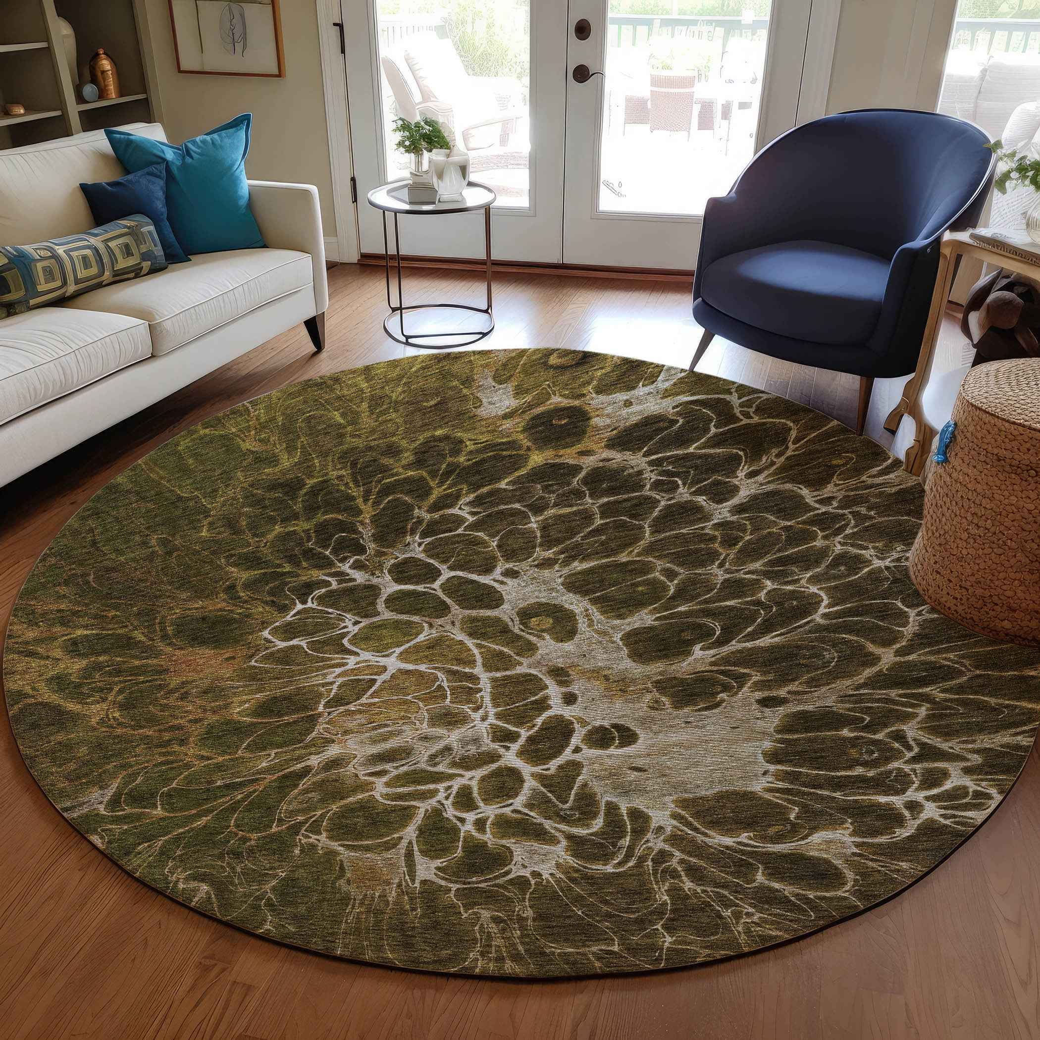 8' Chocolate And Gray Round Abstract Washable Indoor Outdoor Area Rug