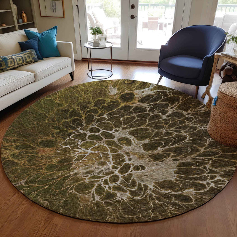 8' Chocolate And Gray Round Abstract Washable Indoor Outdoor Area Rug
