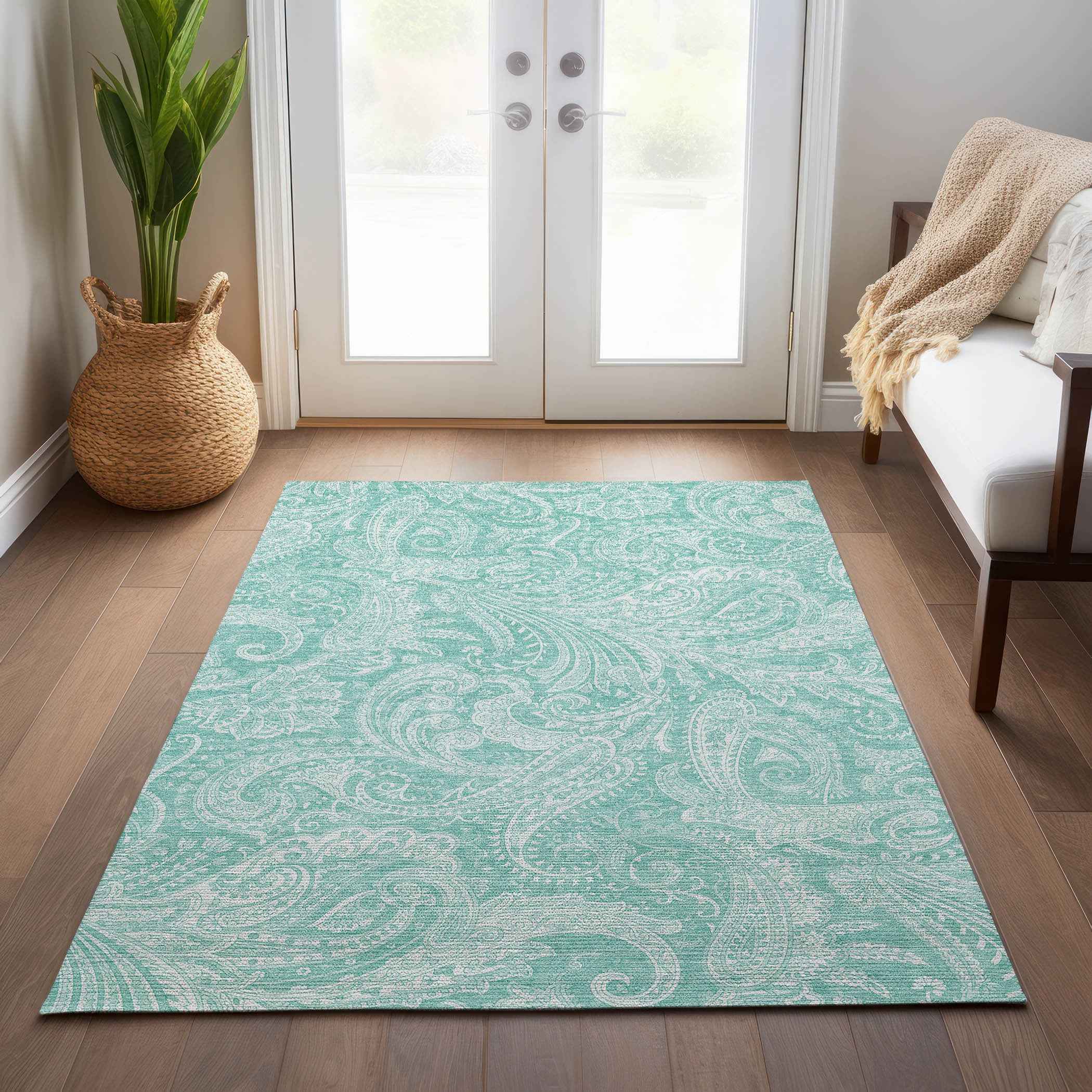 5' X 8' Teal Blue And Ivory Paisley Washable Indoor Outdoor Area Rug