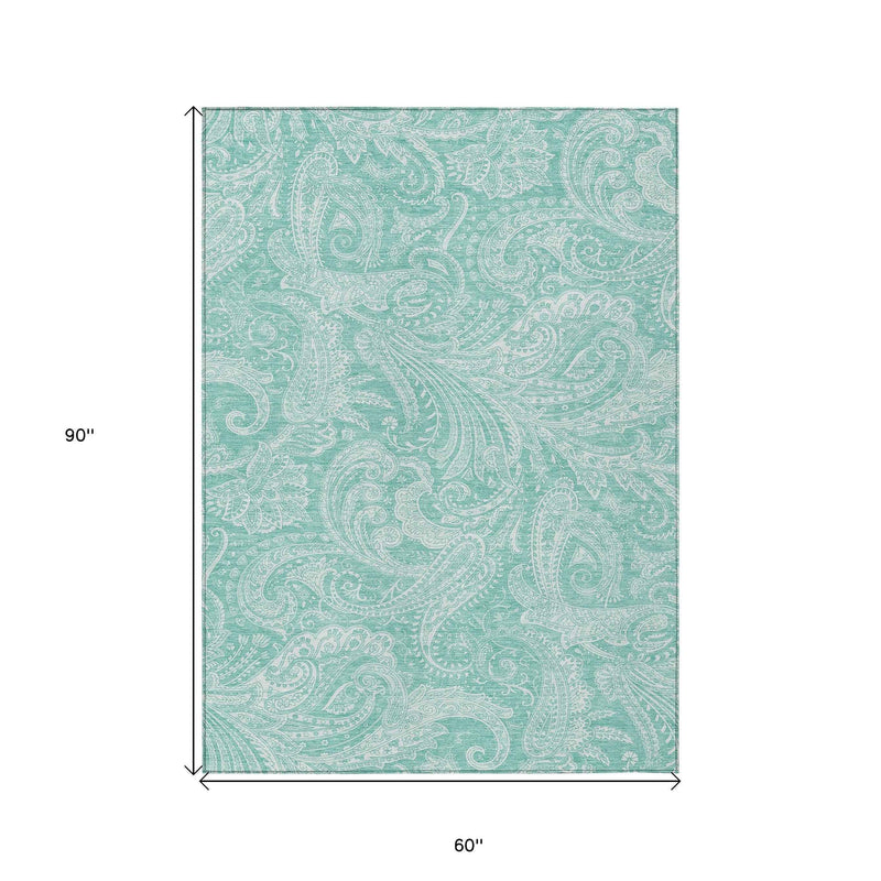 5' X 8' Teal Blue And Ivory Paisley Washable Indoor Outdoor Area Rug