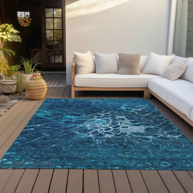 9' X 12' Navy Blue And Sky Blue Abstract Washable Indoor Outdoor Area Rug