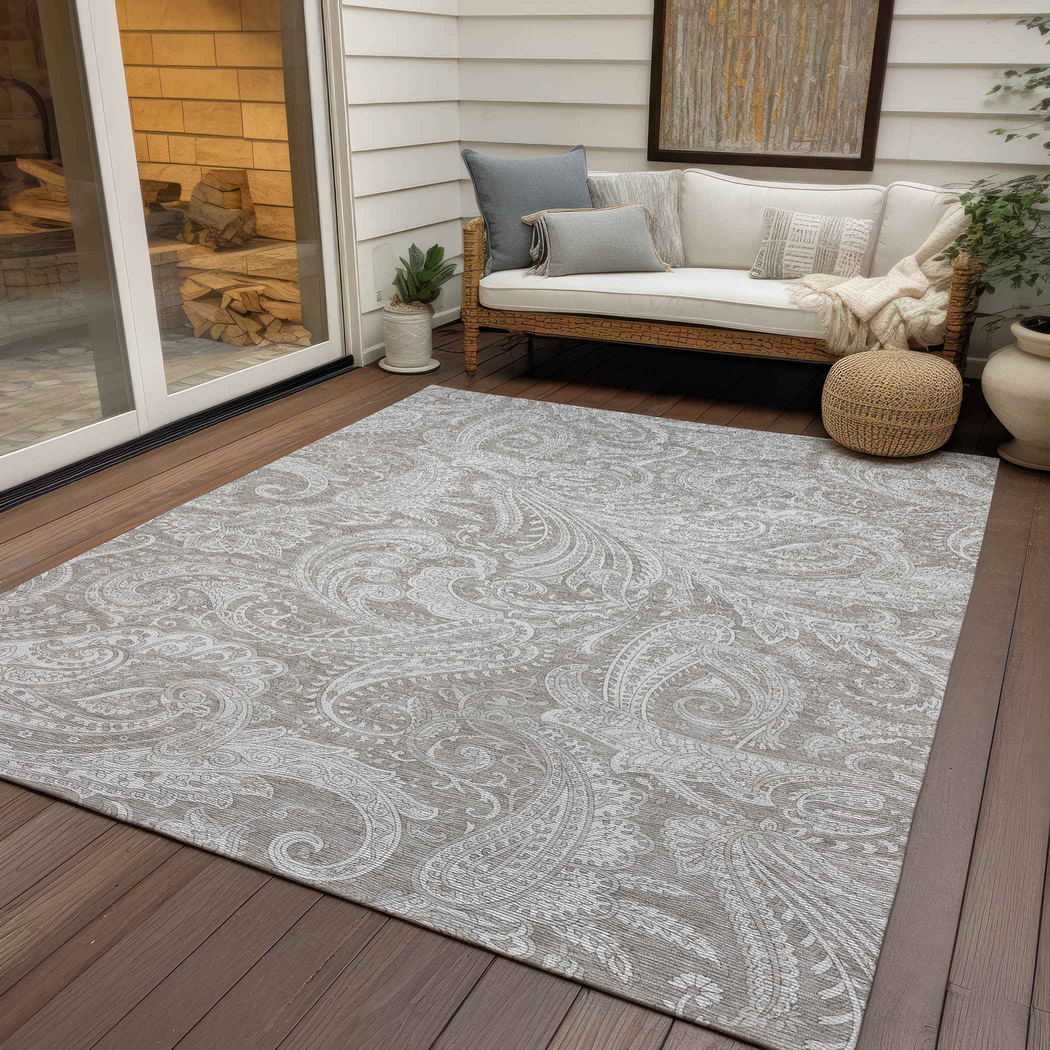 5' X 8' Taupe Beige And Ivory Paisley Washable Indoor Outdoor Area Rug