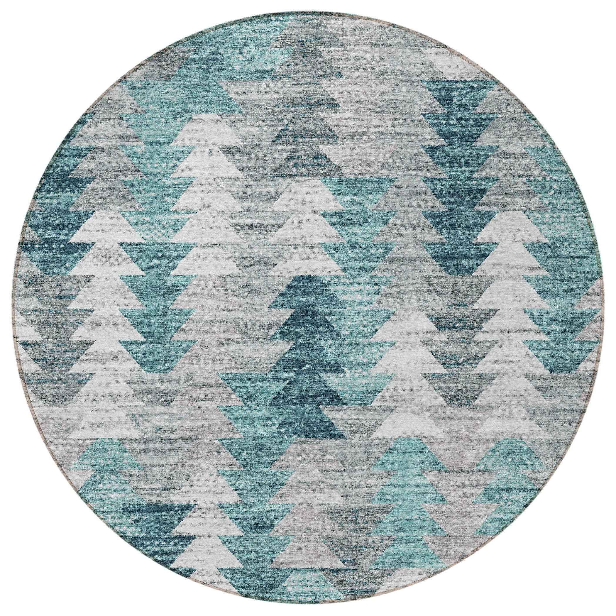8' Dark Blue Aqua And Gray Round Geometric Washable Indoor Outdoor Area Rug
