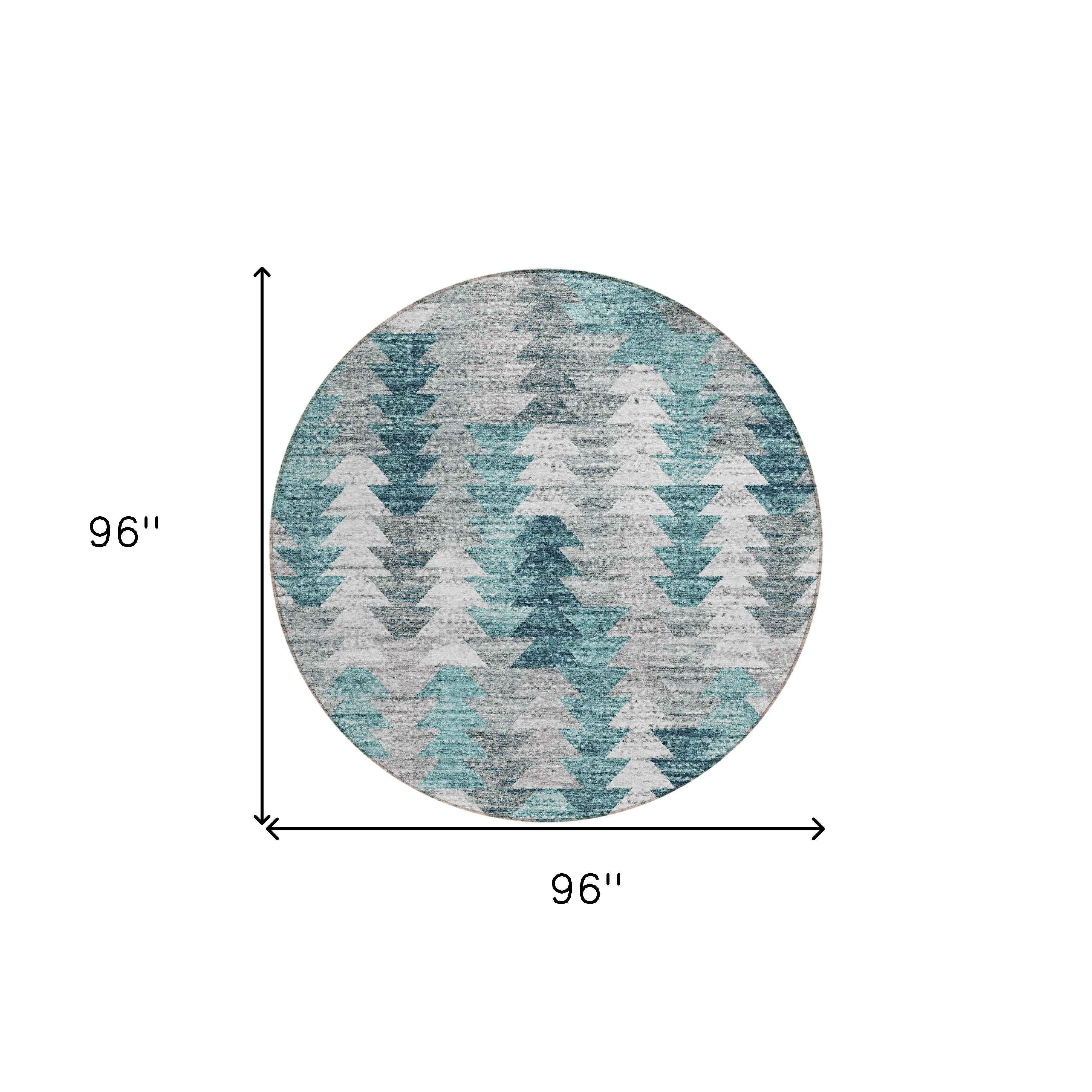 8' Dark Blue Aqua And Gray Round Geometric Washable Indoor Outdoor Area Rug