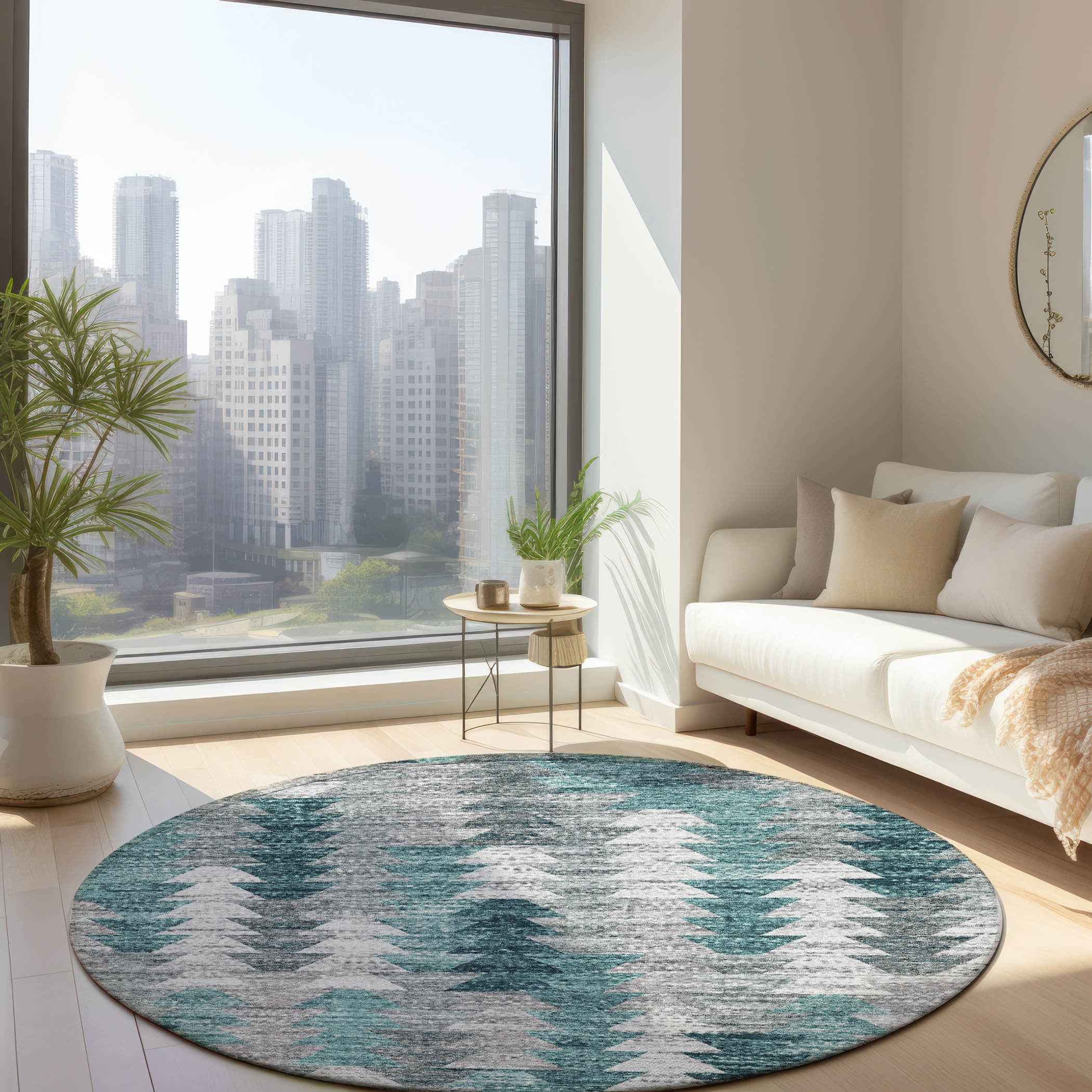 8' Dark Blue Aqua And Gray Round Geometric Washable Indoor Outdoor Area Rug