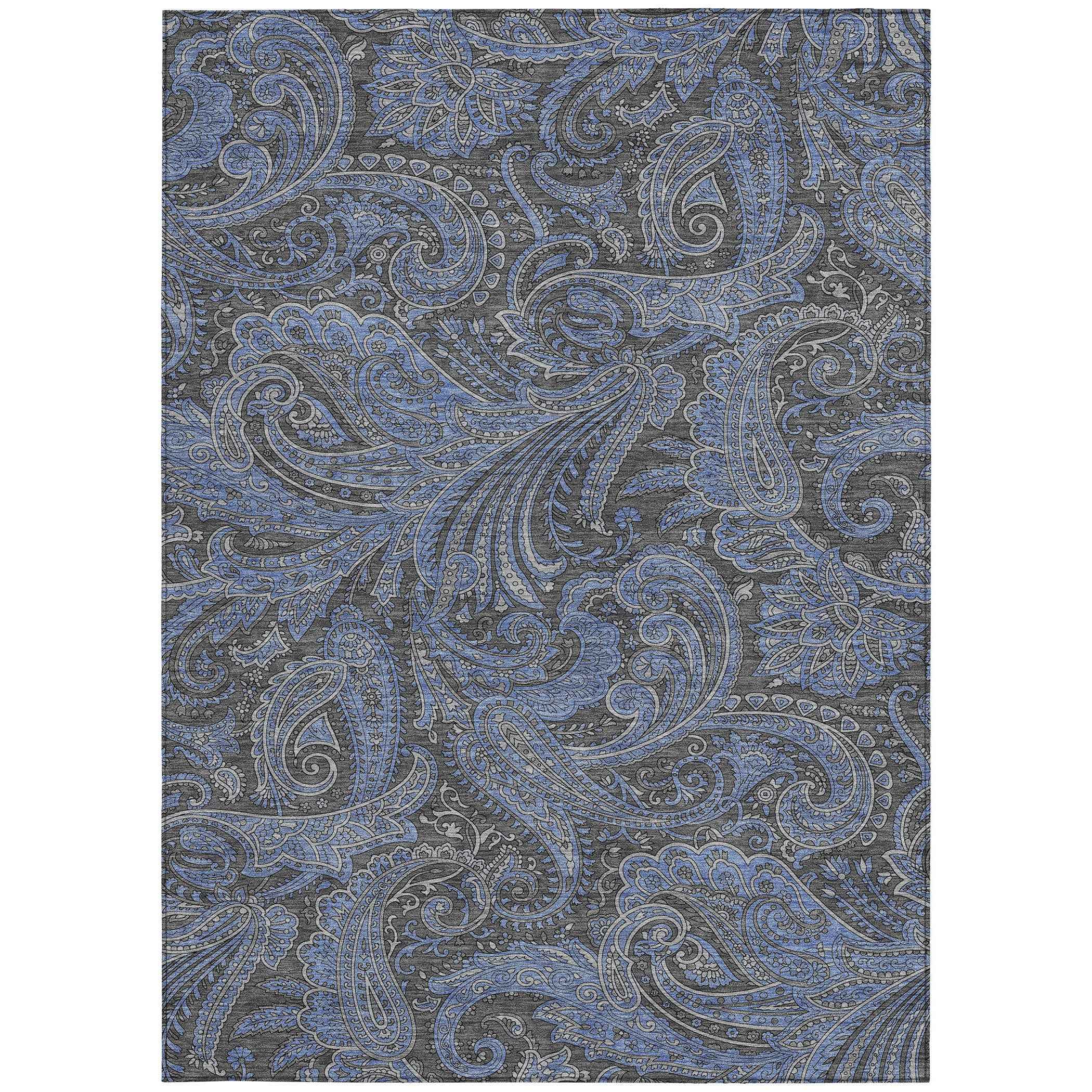 5' X 8' Charcoal Gray And Blue Paisley Washable Indoor Outdoor Area Rug
