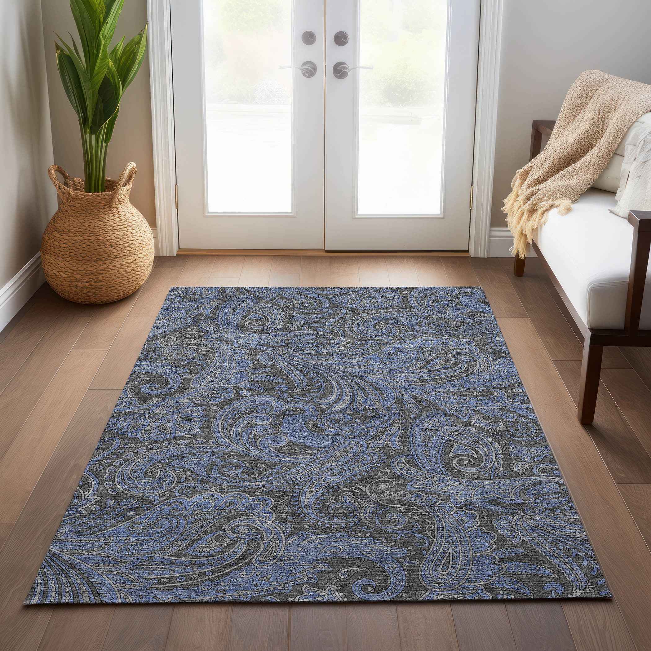 5' X 8' Charcoal Gray And Blue Paisley Washable Indoor Outdoor Area Rug