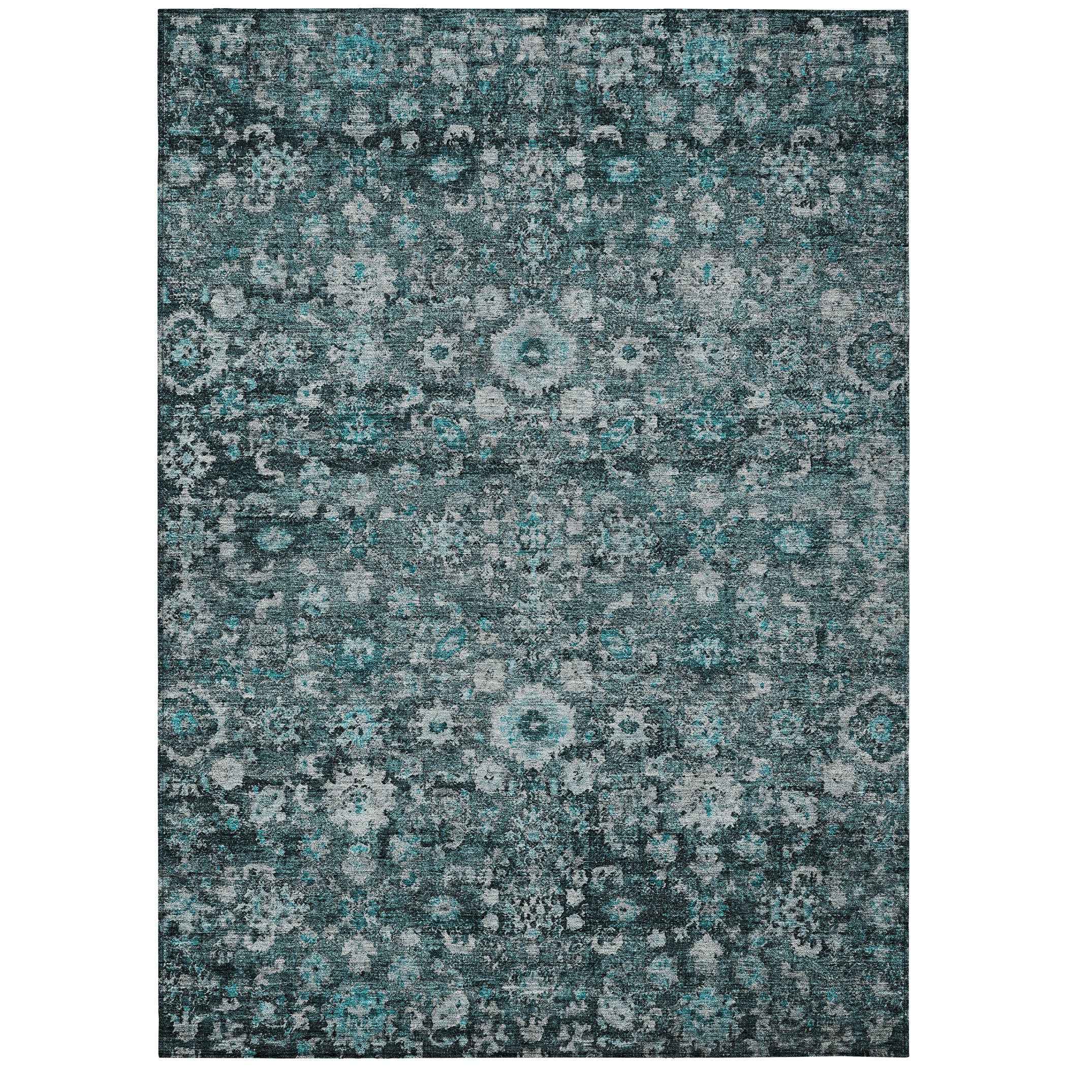 3' X 5' Dark Green Aqua And Charcoal Oriental Washable Indoor Outdoor Area Rug