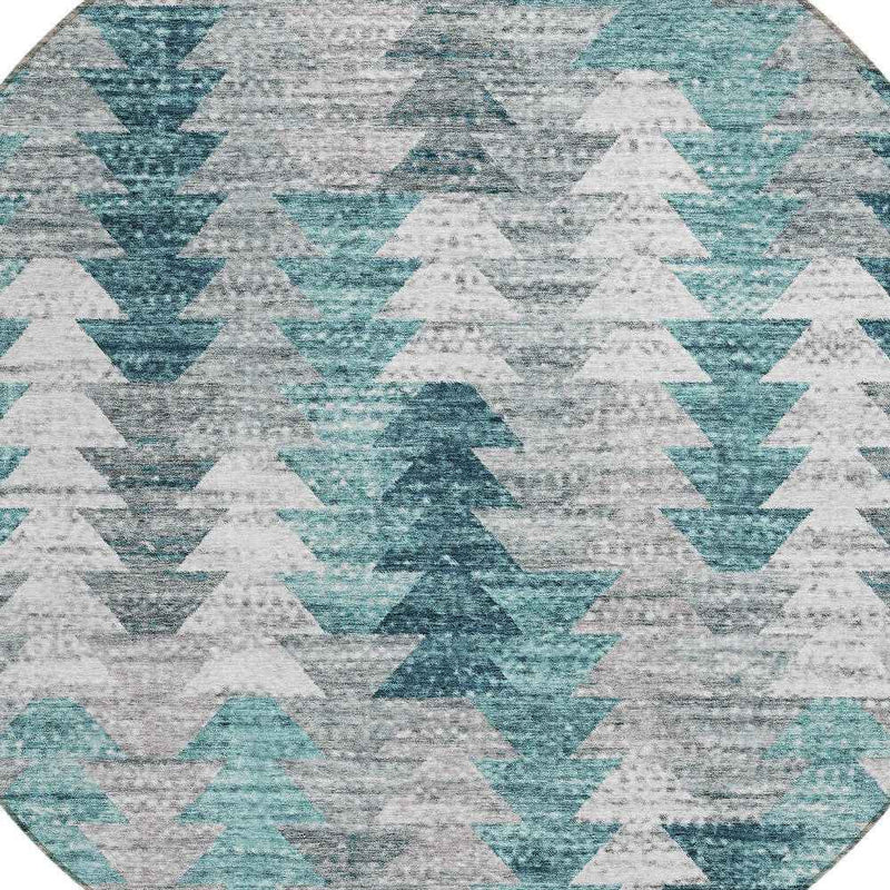 8' Dark Blue Aqua And Gray Round Geometric Washable Indoor Outdoor Area Rug